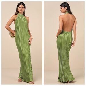 Lulus Gwenny Lime Green Satin Plisse Maxi Dress